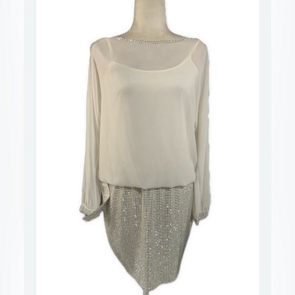 Cache Vintage White Long Sleeve Silver Rhinestone Knee Length Dress 6 - Picture 1 of 7